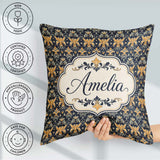 Custom Name Luxurious Gold Floral Damask on Deep Navy Background Square Filled Cushion Throw Pillow Sofa Bed Home Decor Zip Washable UK Made