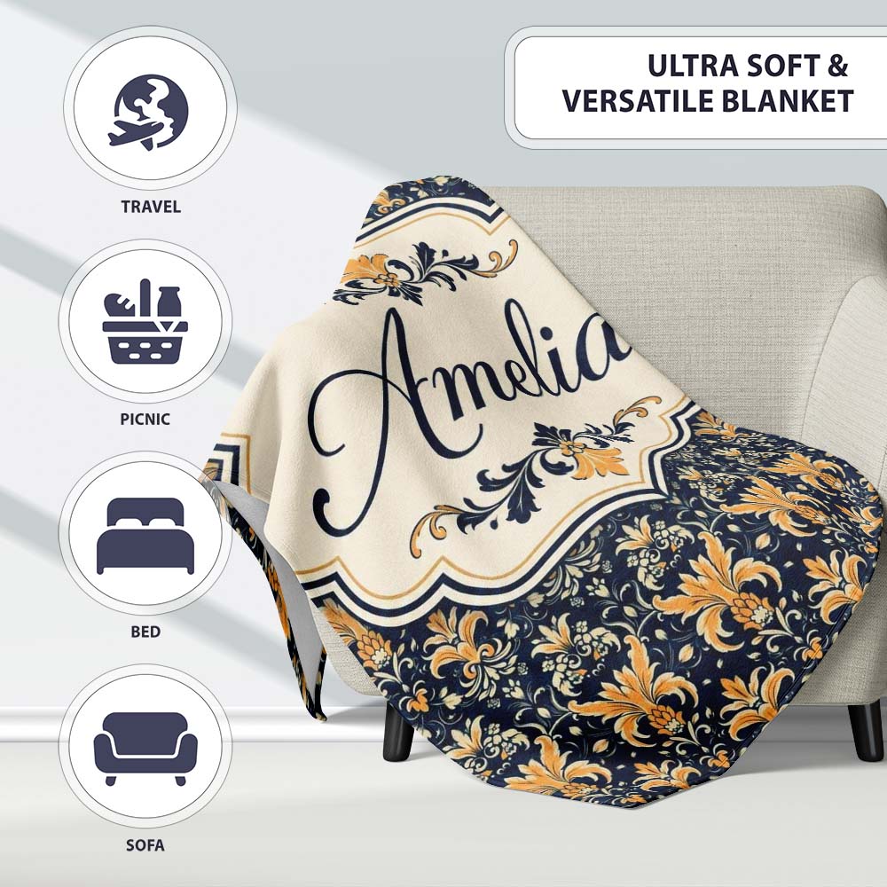 Luxurious Gold Floral Damask on Deep Navy Background Seamless Lovely  Personalised Custom Name Super Soft Fleece Blanket Bed Sofa Throw