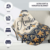 Luxurious Gold Floral Damask on Deep Navy Background Seamless Lovely  Personalised Custom Name Super Soft Fleece Blanket Bed Sofa Throw
