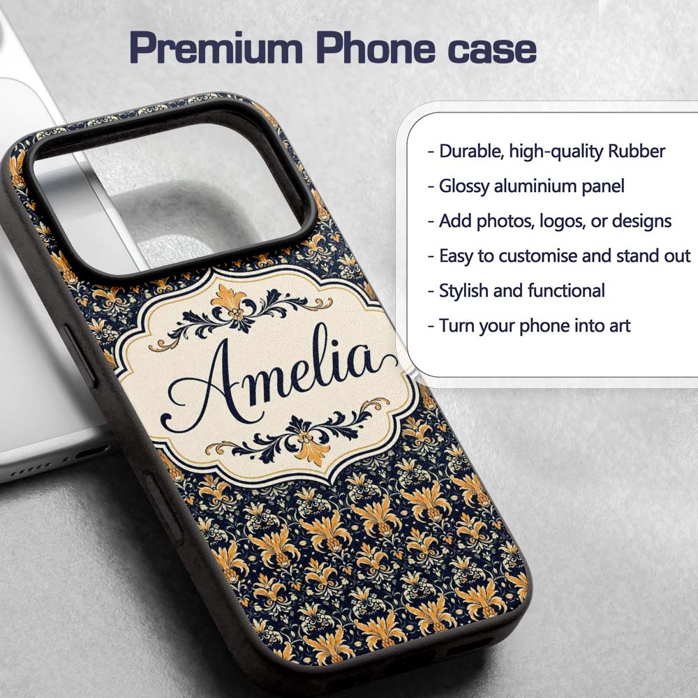 Luxurious Gold Floral Damask on Printed Design Custom Name Protective Phone Case Mobile Cover Durable Everyday Smartphone Shock Resistant
