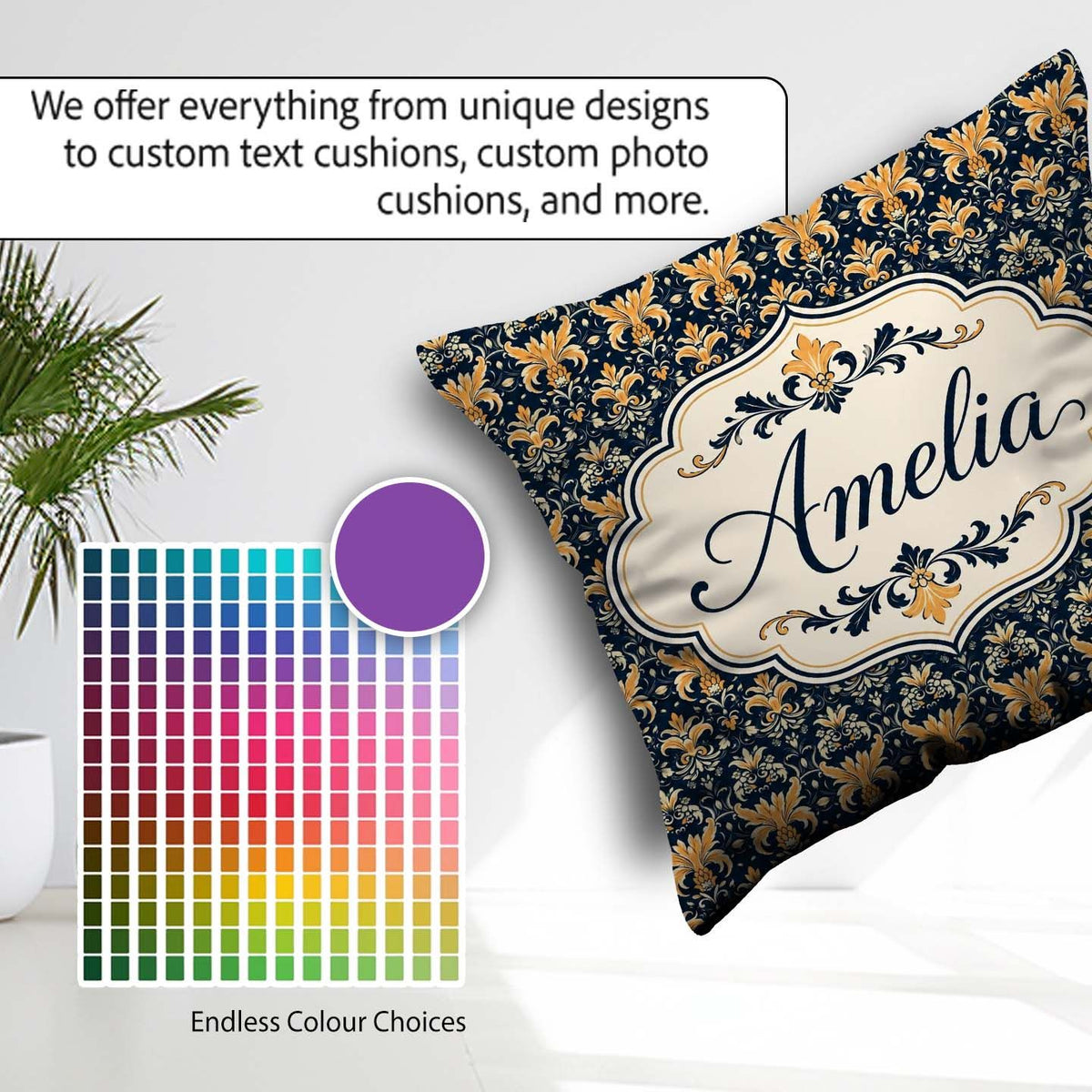 Custom Name Luxurious Gold Floral Damask on Deep Navy Background Square Filled Cushion Throw Pillow Sofa Bed Home Decor Zip Washable UK Made