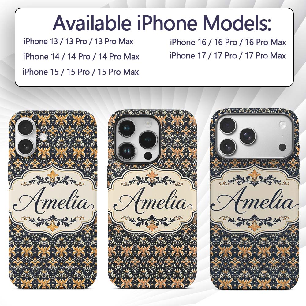 Luxurious Gold Floral Damask on Printed Design Custom Name Protective Phone Case Mobile Cover Durable Everyday Smartphone Shock Resistant
