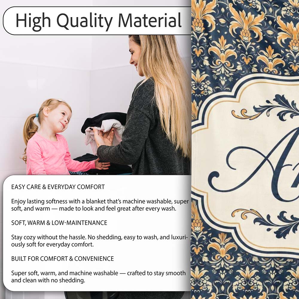 Luxurious Gold Floral Damask on Deep Navy Background Seamless Lovely  Personalised Custom Name Super Soft Fleece Blanket Bed Sofa Throw