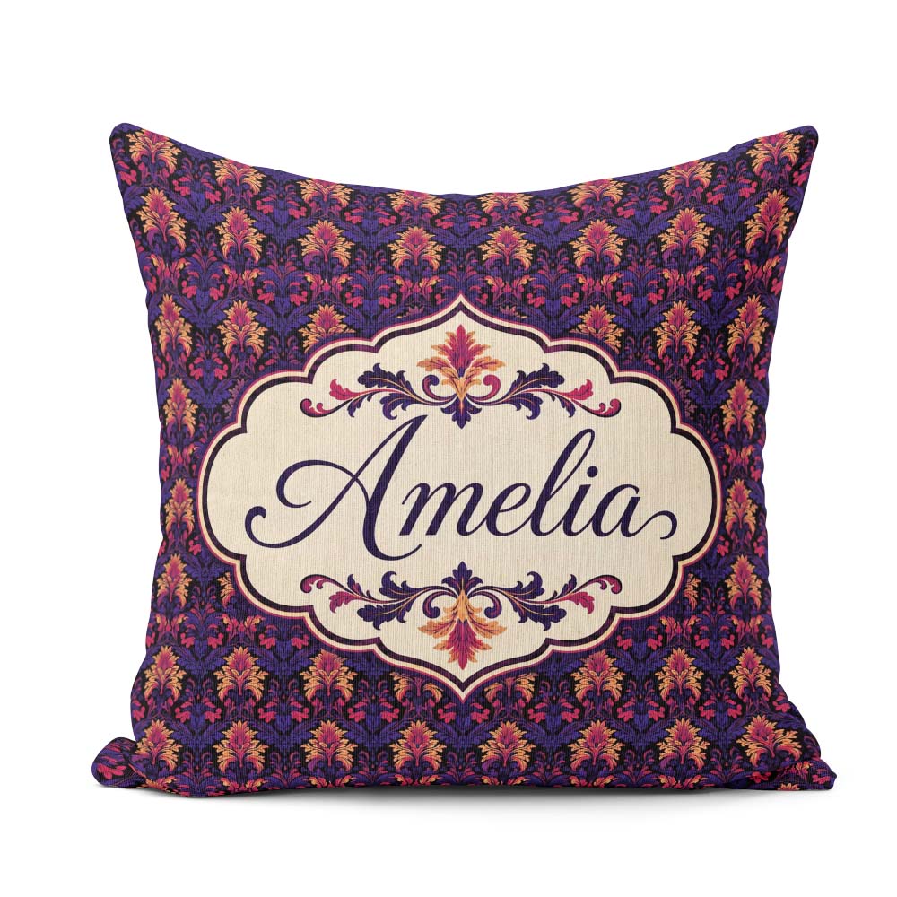 Custom Name Bold Purple and Magenta Floral Damask Luxury Pattern Square Filled Cushion Throw Pillow Sofa Bed Home Decor Zip Washable UK Made