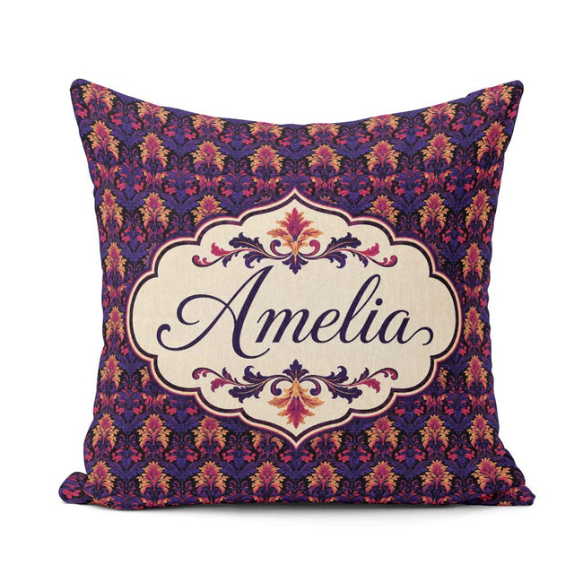 Custom Name Bold Purple and Magenta Floral Damask Luxury Pattern Square Filled Cushion Throw Pillow Sofa Bed Home Decor Zip Washable UK Made