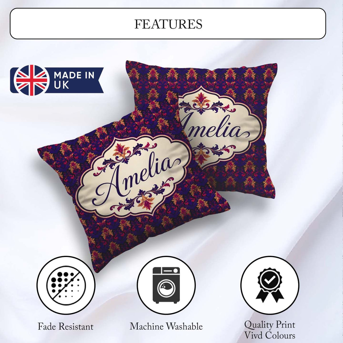 Custom Name Bold Purple and Magenta Floral Damask Luxury Pattern Square Filled Cushion Throw Pillow Sofa Bed Home Decor Zip Washable UK Made