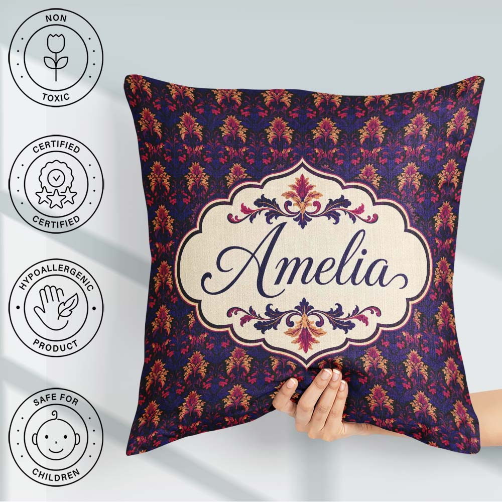 Custom Name Bold Purple and Magenta Floral Damask Luxury Pattern Square Filled Cushion Throw Pillow Sofa Bed Home Decor Zip Washable UK Made