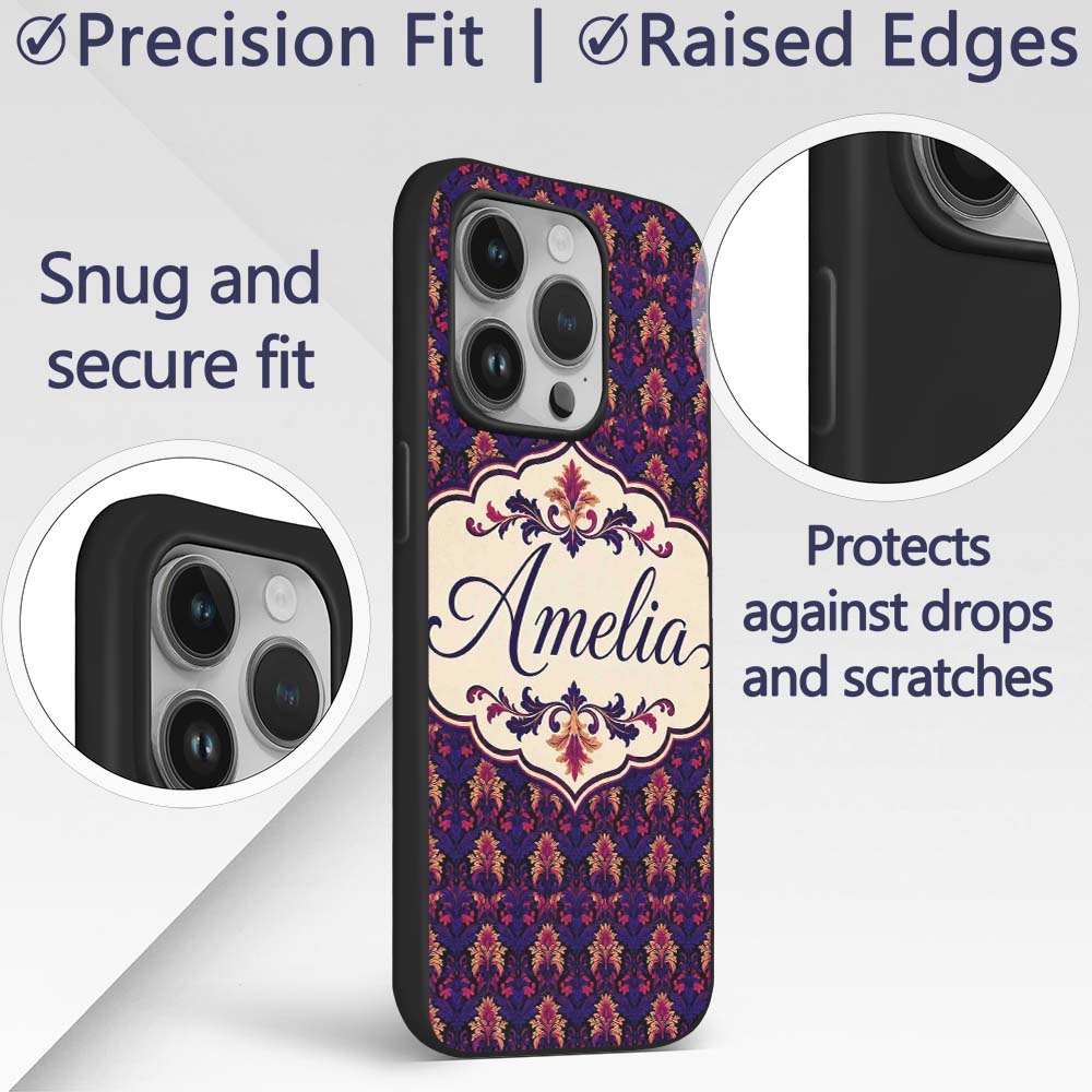 Bold Purple and Magenta Floral Damask Luxury Custom Name Protective Phone Case Mobile Cover Durable Everyday Smartphone Shock Resistant