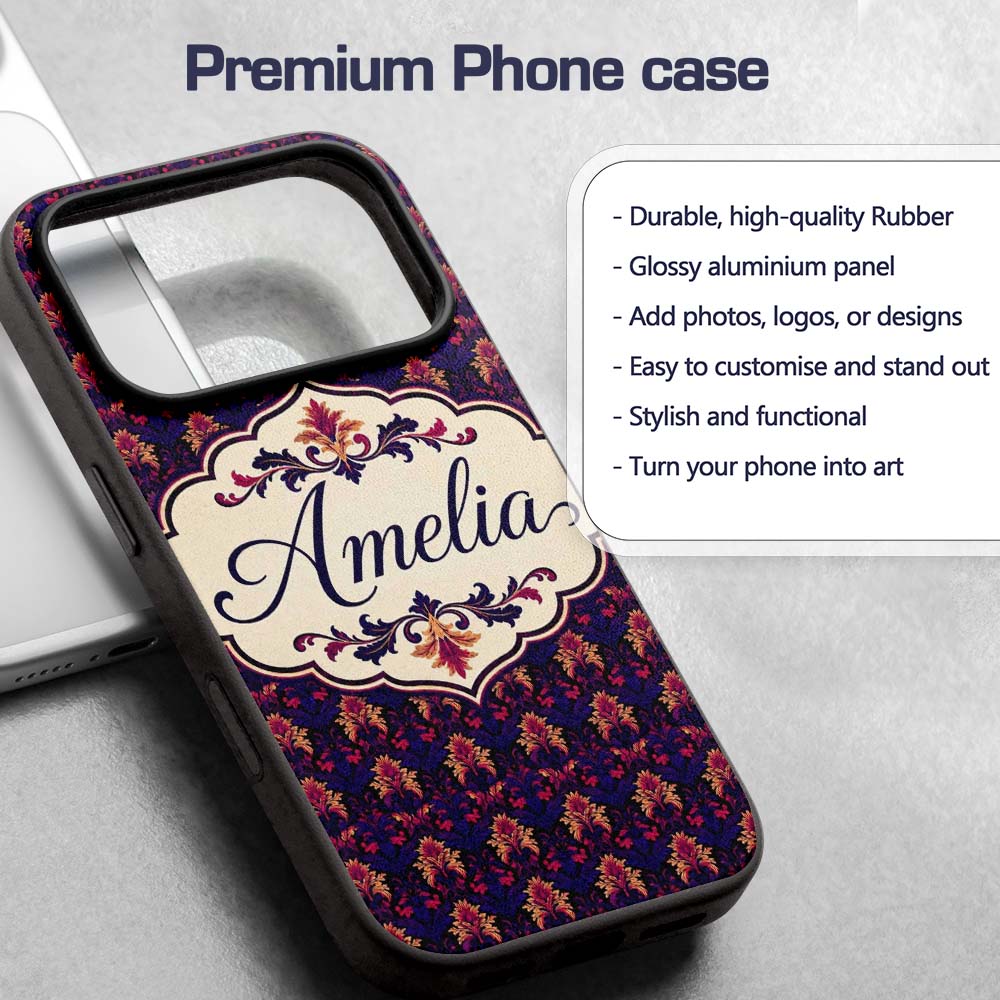 Bold Purple and Magenta Floral Damask Luxury Custom Name Protective Phone Case Mobile Cover Durable Everyday Smartphone Shock Resistant