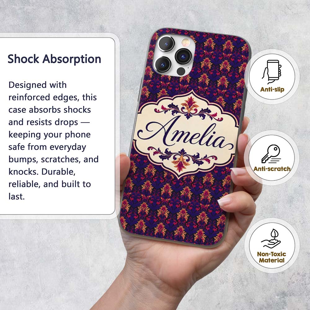 Bold Purple and Magenta Floral Damask Luxury Custom Name Protective Phone Case Mobile Cover Durable Everyday Smartphone Shock Resistant