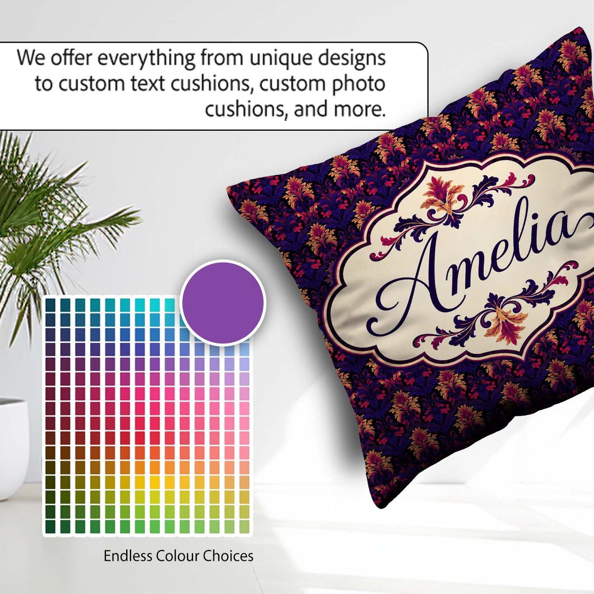 Custom Name Bold Purple and Magenta Floral Damask Luxury Pattern Square Filled Cushion Throw Pillow Sofa Bed Home Decor Zip Washable UK Made