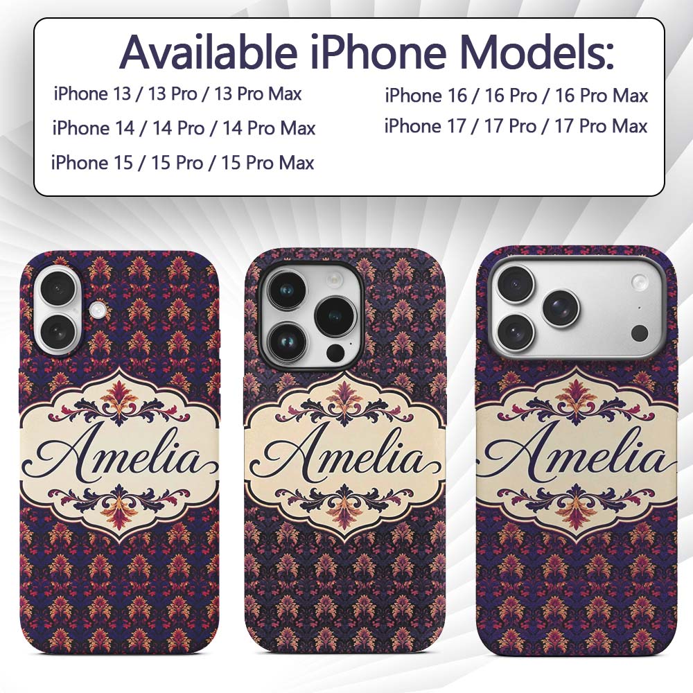 Bold Purple and Magenta Floral Damask Luxury Custom Name Protective Phone Case Mobile Cover Durable Everyday Smartphone Shock Resistant