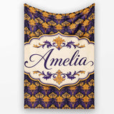 Luxurious Purple and Gold Ornate Floral Damask Seamless Pattern  Personalised Custom Name Super Soft Fleece Blanket Bed Sofa Throw