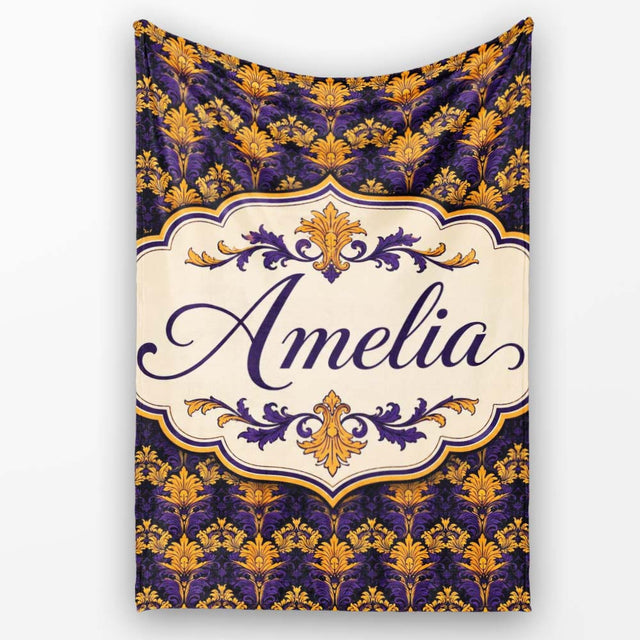 Luxurious Purple and Gold Ornate Floral Damask Seamless Pattern  Personalised Custom Name Super Soft Fleece Blanket Bed Sofa Throw