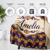 Luxurious Purple and Gold Ornate Floral Damask Seamless Pattern  Personalised Custom Name Super Soft Fleece Blanket Bed Sofa Throw