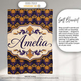 Luxurious Purple and Gold Ornate Floral Damask Seamless Pattern  Personalised Custom Name Super Soft Fleece Blanket Bed Sofa Throw