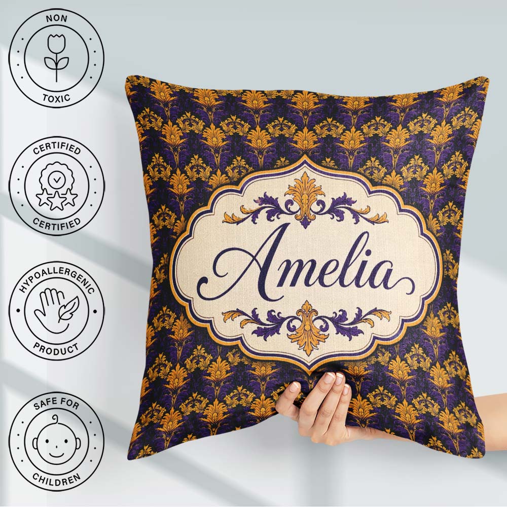 Custom Name Luxurious Purple Gold Ornate Floral Seamless Pattern Square Filled Cushion Throw Pillow Sofa Bed Home Decor Zip Washable UK Made