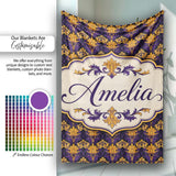 Luxurious Purple and Gold Ornate Floral Damask Seamless Pattern  Personalised Custom Name Super Soft Fleece Blanket Bed Sofa Throw