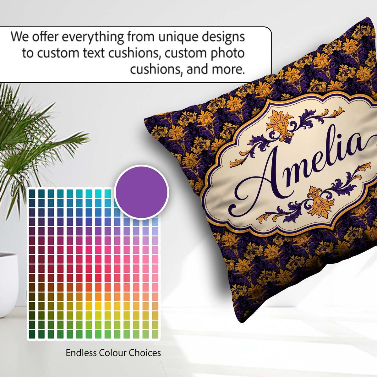Custom Name Luxurious Purple Gold Ornate Floral Seamless Pattern Square Filled Cushion Throw Pillow Sofa Bed Home Decor Zip Washable UK Made