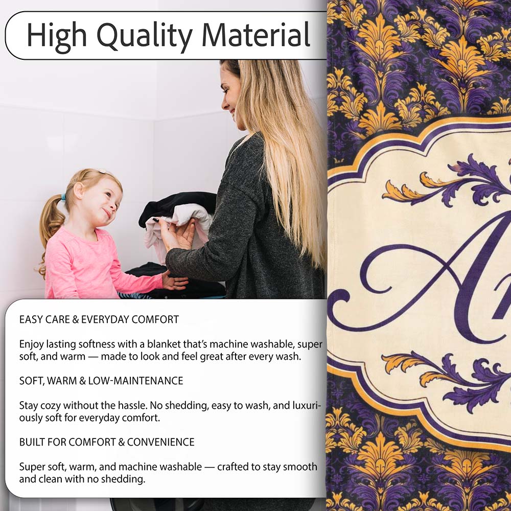 Luxurious Purple and Gold Ornate Floral Damask Seamless Pattern  Personalised Custom Name Super Soft Fleece Blanket Bed Sofa Throw