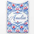 Elegant Blue and Red Watercolor Floral Damask Seamless Pattern  Personalised Custom Name Super Soft Fleece Blanket Bed Sofa Throw
