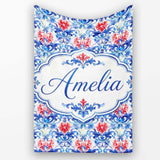 Elegant Blue and Red Watercolor Floral Damask Seamless Pattern  Personalised Custom Name Super Soft Fleece Blanket Bed Sofa Throw