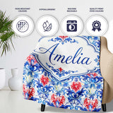 Elegant Blue and Red Watercolor Floral Damask Seamless Pattern  Personalised Custom Name Super Soft Fleece Blanket Bed Sofa Throw