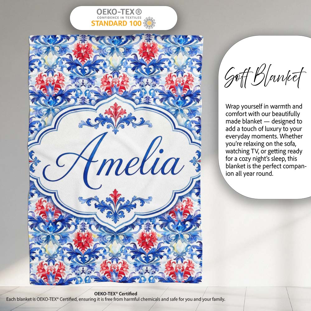 Elegant Blue and Red Watercolor Floral Damask Seamless Pattern  Personalised Custom Name Super Soft Fleece Blanket Bed Sofa Throw