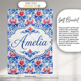 Elegant Blue and Red Watercolor Floral Damask Seamless Pattern  Personalised Custom Name Super Soft Fleece Blanket Bed Sofa Throw