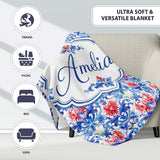 Elegant Blue and Red Watercolor Floral Damask Seamless Pattern  Personalised Custom Name Super Soft Fleece Blanket Bed Sofa Throw