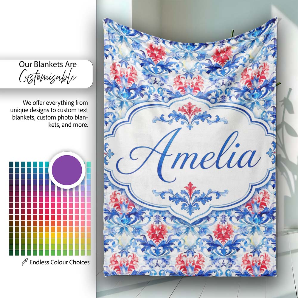 Elegant Blue and Red Watercolor Floral Damask Seamless Pattern  Personalised Custom Name Super Soft Fleece Blanket Bed Sofa Throw