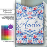Elegant Blue and Red Watercolor Floral Damask Seamless Pattern  Personalised Custom Name Super Soft Fleece Blanket Bed Sofa Throw