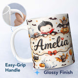 Personalized Custom Name Cute Halloween Dracula Ghost Bats on Light Beige Background Seamless 11oz Ceramic Coffee Tea Mug White Large Handle