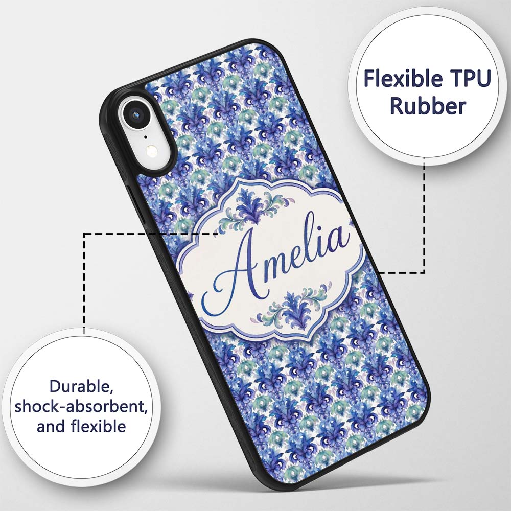Cool Blue and Teal Watercolor Floral Ornamental Custom Name Protective Phone Case Mobile Cover Durable Everyday Smartphone Shock Resistant