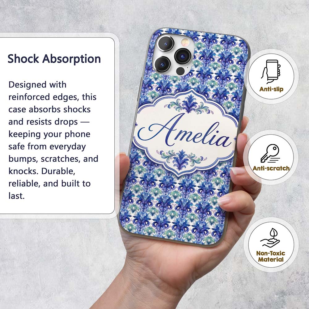 Cool Blue and Teal Watercolor Floral Ornamental Custom Name Protective Phone Case Mobile Cover Durable Everyday Smartphone Shock Resistant