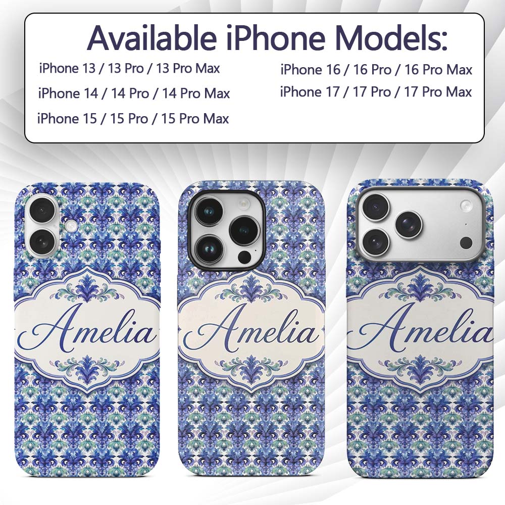 Cool Blue and Teal Watercolor Floral Ornamental Custom Name Protective Phone Case Mobile Cover Durable Everyday Smartphone Shock Resistant