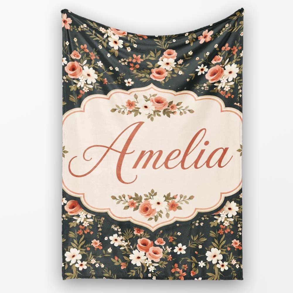 Delicate Peach and White Floral Bouquet on Dark Background Seamless  Personalised Custom Name Super Soft Fleece Blanket Bed Sofa Throw
