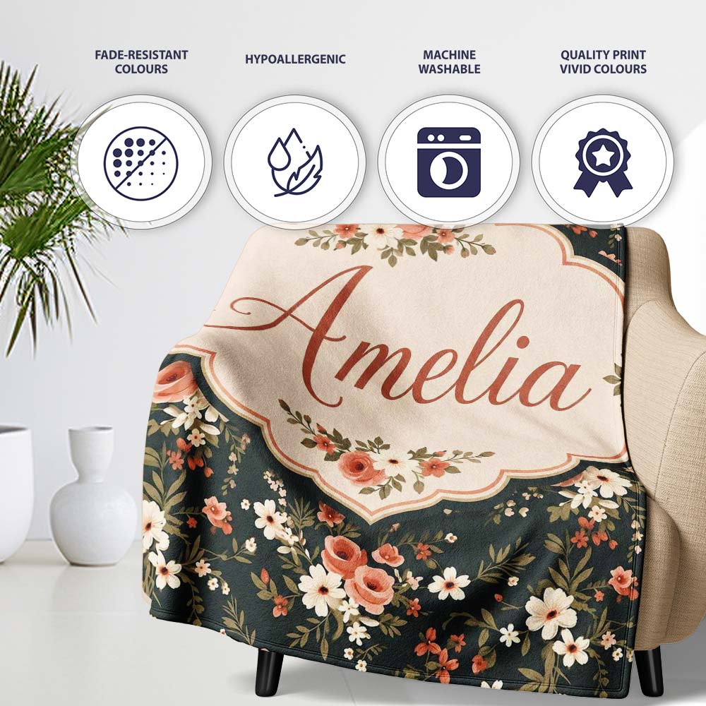 Delicate Peach and White Floral Bouquet on Dark Background Seamless  Personalised Custom Name Super Soft Fleece Blanket Bed Sofa Throw