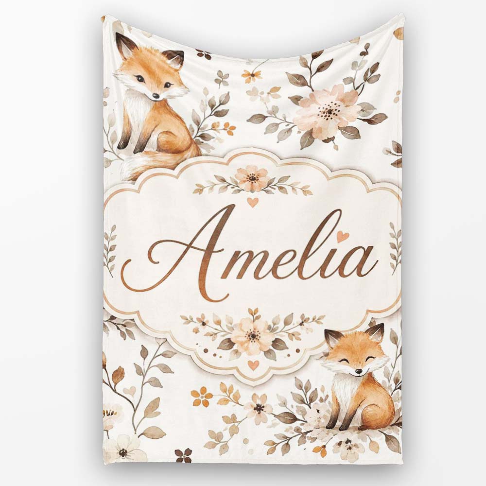 Cute Watercolor Fox with Floral Leaves Seamless Pattern Lovely  Personalised Custom Name Super Soft Fleece Blanket Bed Sofa Throw