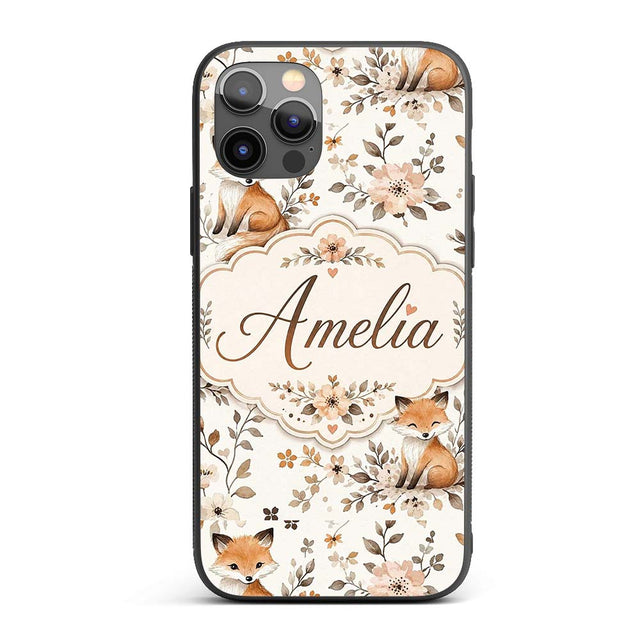 Cute Watercolor Fox with Floral Leaves Seamless Custom Name Protective Phone Case Mobile Cover Durable Everyday Smartphone Shock Resistant
