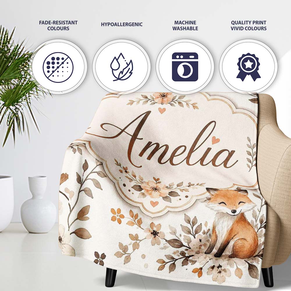 Cute Watercolor Fox with Floral Leaves Seamless Pattern Lovely  Personalised Custom Name Super Soft Fleece Blanket Bed Sofa Throw