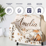 Cute Watercolor Fox with Floral Leaves Seamless Pattern Lovely  Personalised Custom Name Super Soft Fleece Blanket Bed Sofa Throw