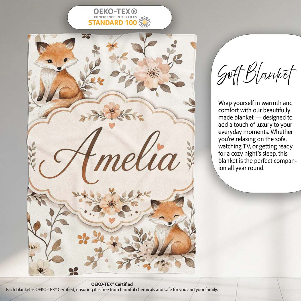 Cute Watercolor Fox with Floral Leaves Seamless Pattern Lovely  Personalised Custom Name Super Soft Fleece Blanket Bed Sofa Throw