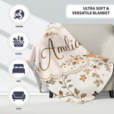 Cute Watercolor Fox with Floral Leaves Seamless Pattern Lovely  Personalised Custom Name Super Soft Fleece Blanket Bed Sofa Throw