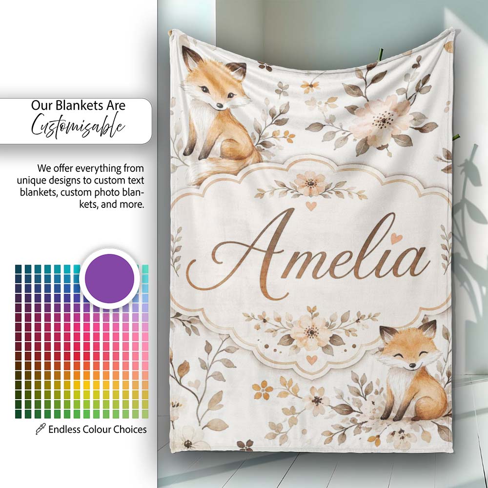 Cute Watercolor Fox with Floral Leaves Seamless Pattern Lovely  Personalised Custom Name Super Soft Fleece Blanket Bed Sofa Throw