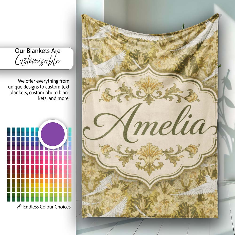 Elegant White Doves with Vintage Floral Background Seamless Pattern  Personalised Custom Name Super Soft Fleece Blanket Bed Sofa Throw