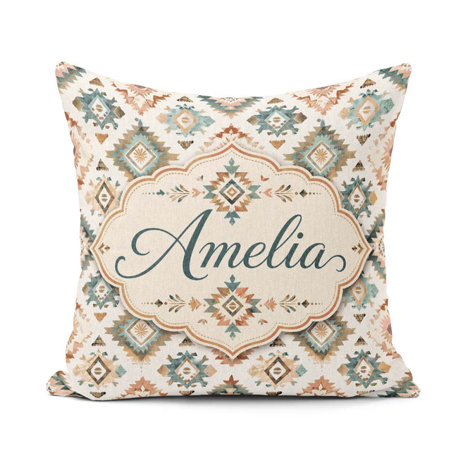 Custom Name Soft Pastel Aztec Watercolor Seamless Pattern Lovely Square Filled Cushion Throw Pillow Sofa Bed Home Decor Zip Washable UK Made