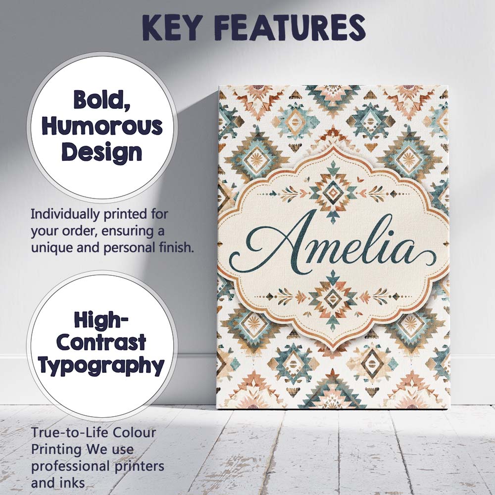 Personalised Name Soft Pastel Aztec Geometric Custom Unique Gift Idea Modern Room Accent Canvas Wall Art Print Decor Picture Ready to Hang