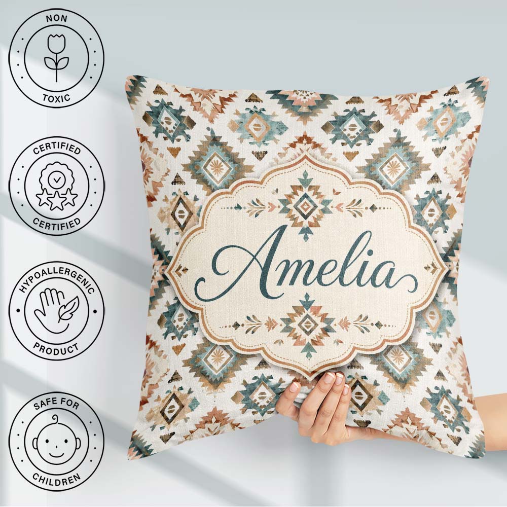Custom Name Soft Pastel Aztec Watercolor Seamless Pattern Lovely Square Filled Cushion Throw Pillow Sofa Bed Home Decor Zip Washable UK Made