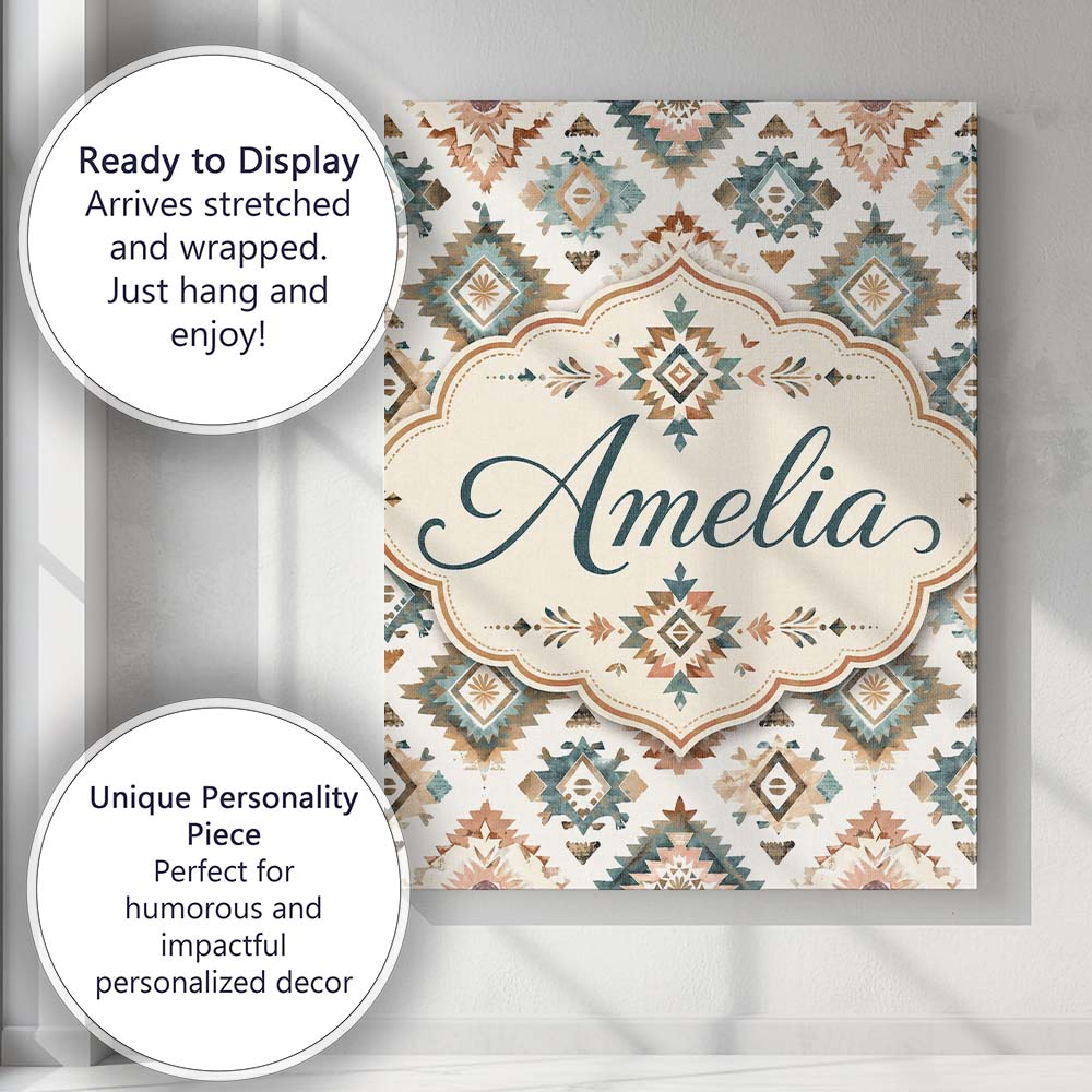 Personalised Name Soft Pastel Aztec Geometric Custom Unique Gift Idea Modern Room Accent Canvas Wall Art Print Decor Picture Ready to Hang